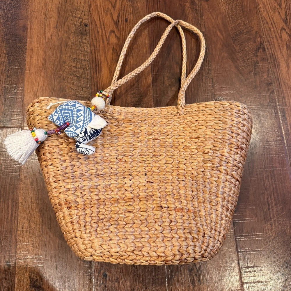 Woven Straw Tote Bag with Blue Accents handmade made in Thailand